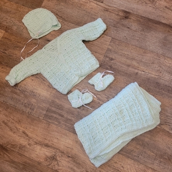 Crocheted Handmade Light Turquoise Baby/Doll Blanket/Booties/Bonnet/and Sweater - Picture 1 of 12
